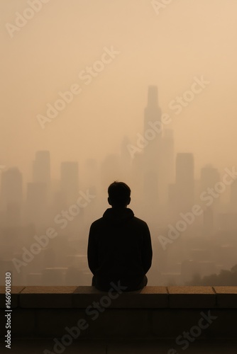 Silhouette of lone male against hazy cityscape at sunrise