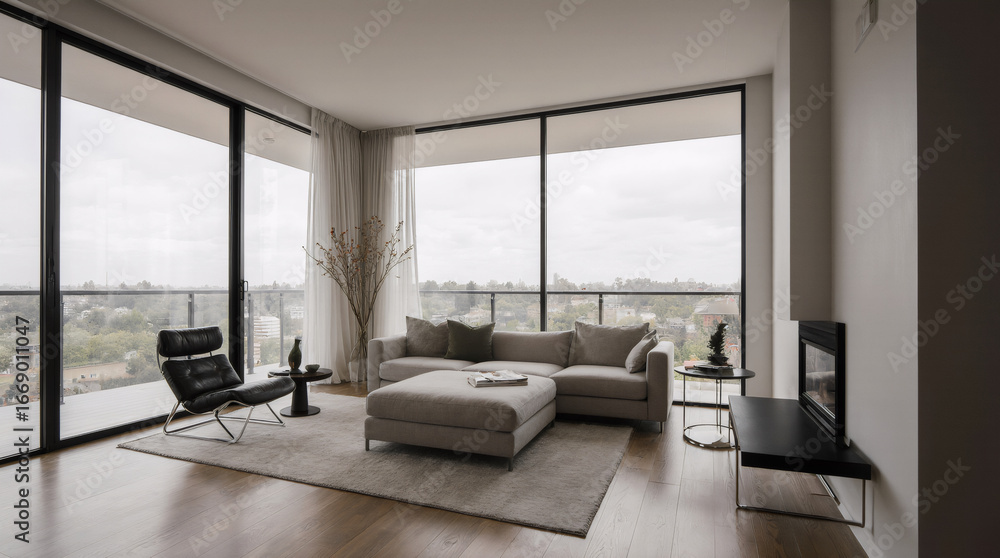 Fototapeta premium A contemporary minimalist living room featuring sleek furniture and large windows, emphasizing simplicity and natural light