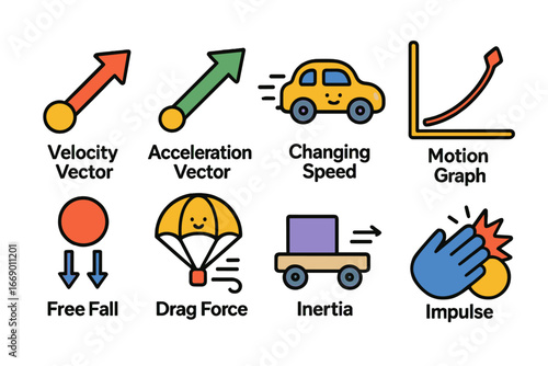 Colorful Motion Illustrations. Flat vector mini-illustrations acceleration concepts in colors children's illustrations: velocity