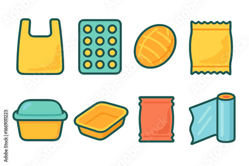 Colorful Packaging Icons. Flat vector mini-illustrations single-use packaging in colors children's illustrations: plastic bag,