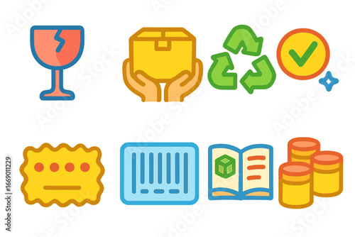 Colorful Packaging Icons. Flat vector mini-illustrations hallmark packaging marks in colors children's illustrations: fragile