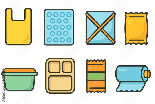 Colorful Packaging Icons. Flat vector mini-illustrations single-use packaging in colors children's illustrations: plastic bag,