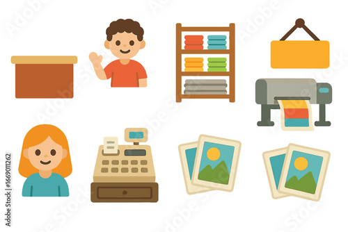 Colorful Print Shop. Flat vector mini-illustrations print shop in colors children's illustrations: counter, shelves with paper,