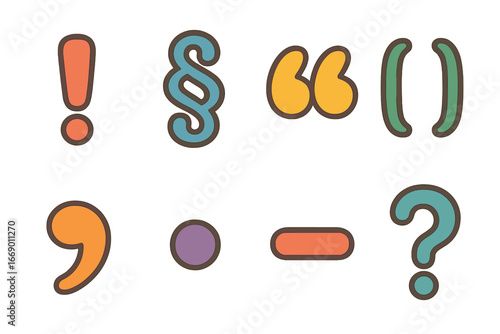 Colorful Proofreading Symbols. Flat vector mini-illustrations proofreading symbols in colors children's illustrations: punctuation