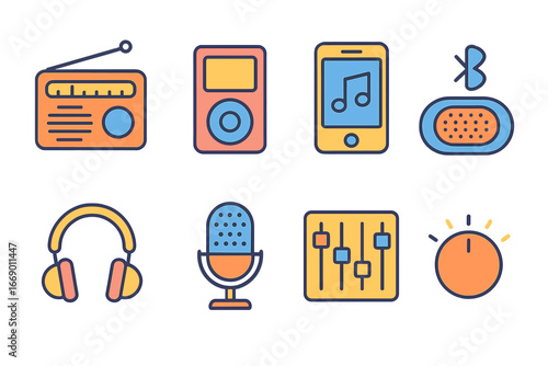 Colorful Sound Devices. Flat vector mini-illustrations electronic sound devices in colors children's illustrations: radio, MP3