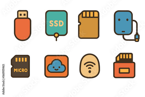 Colorful Storage Icons. Flat vector mini-illustrations portable storage in colors children's illustrations: USB flash drive,
