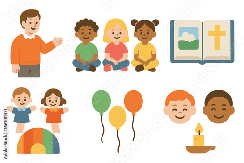 Colorful Storytime Scene. Flat vector mini-illustrations children's sermon in colors children's illustrations: storyteller,