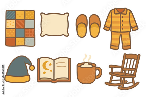 Cozy Bedtime Essentials. Flat vector mini-illustrations bedtime story cozy items in colors children's illustrations: patchwork