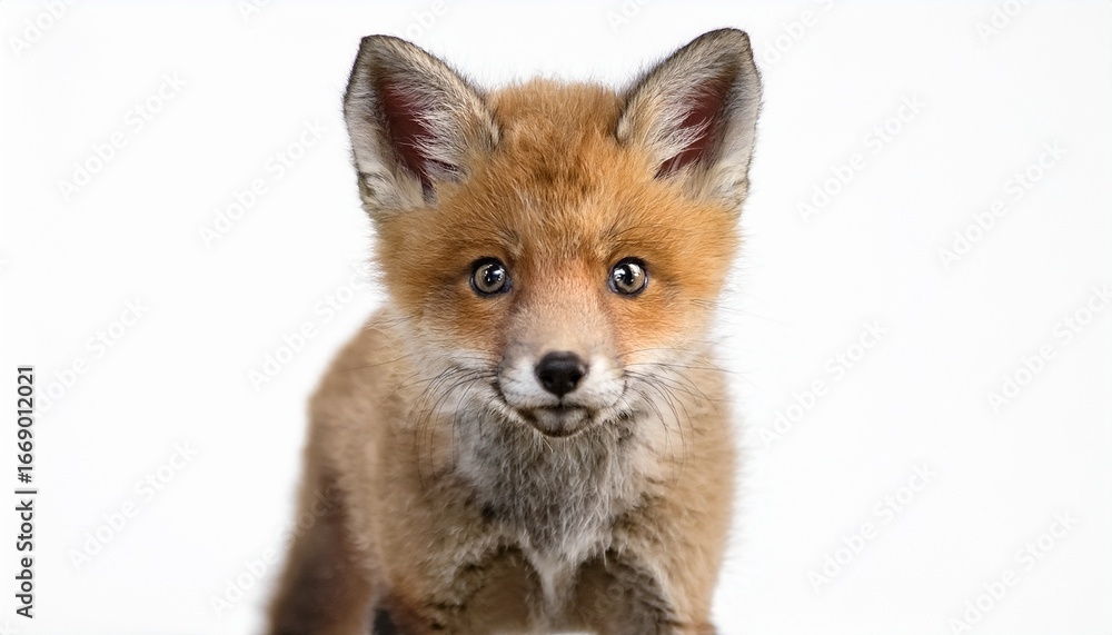 Fototapeta premium adorable red fox cub stands alert against a clean white backdrop its bright eyes and fluffy fur capturing the wild beauty of wildlife ai generated images