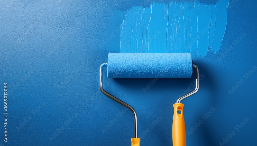 Obraz premium painting a bright blue wall with a roller