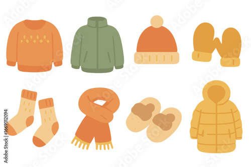 Cozy Winter Clothing. Flat vector mini-illustrations cozy clothing in colors children's illustrations: knitted sweaters, fleece
