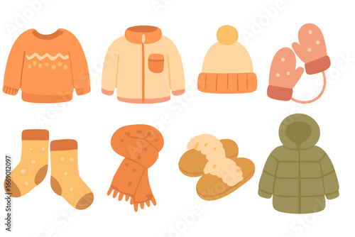 Cozy Winter Clothing. Flat vector mini-illustrations cozy clothing in colors children's illustrations: knitted sweaters, fleece
