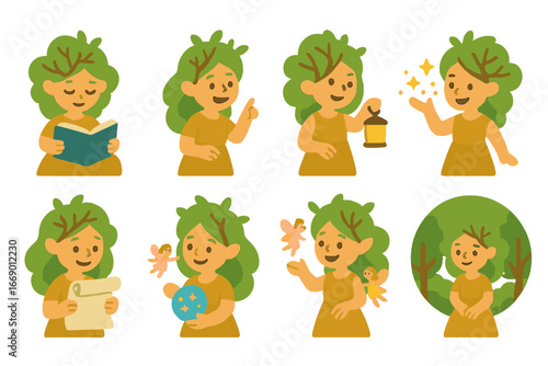 Dryad Storytime Icons. Flat vector mini-illustrations dryad storytelling in colors children's illustrations: dryad reading book,