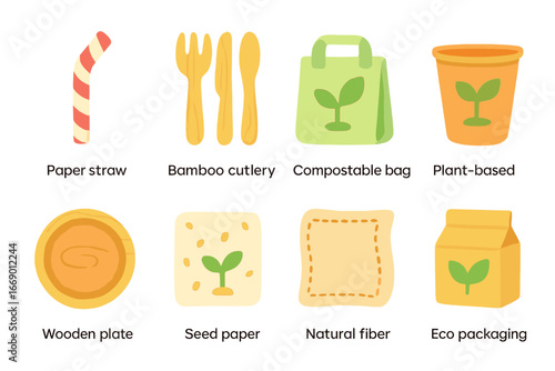 Eco-Friendly Kid Icons. Flat vector mini-illustrations biodegradable alternatives in colors children's illustrations: paper straw,
