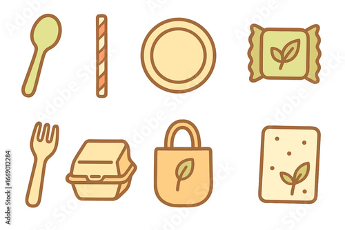 Eco-Friendly Kids Icons. Flat vector mini-illustrations biodegradable products in colors children's illustrations: biodegradable