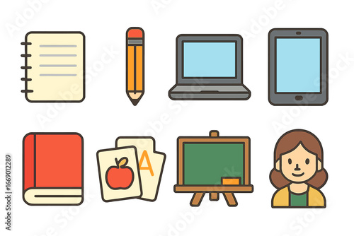 Educational Tools Grid. Flat vector mini-illustrations encyclopedia learning tools in colors children's illustrations: notebook,