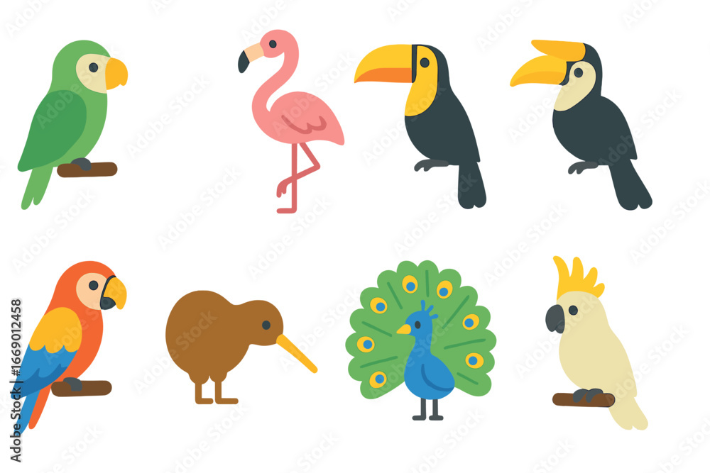Fototapeta premium Exotic Birds Grid. Flat vector mini-illustrations exotic birds in colors children's illustrations: parrot, flamingo, toucan,