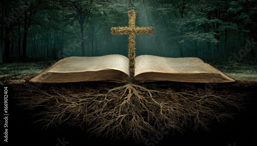 A large, open book rests on the ground, rooted deeply in the earth, with a golden cross rising above it in a mystical forest scene.