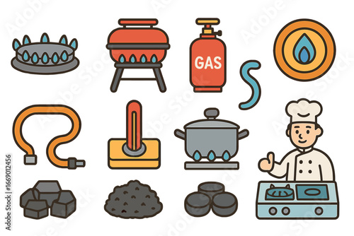 Energy Source Icons. Flat vector mini-illustrations cooking gas in colors children's illustrations: gas stove burner, gas grill,