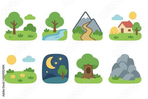 Fable Scene Icons. Flat vector mini-illustrations fable scenes in colors children's illustrations: forest clearing, riverbank,