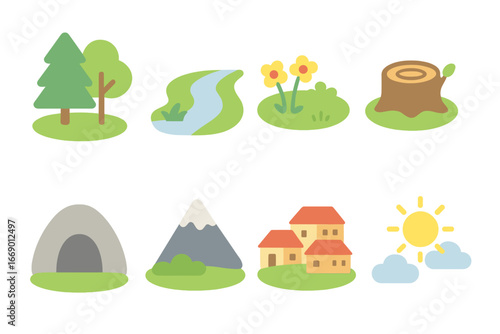 Fable Settings Icons. Flat vector mini-illustrations fable settings in colors children's illustrations: forest, river, meadow,