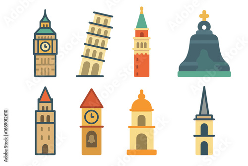 Famous Bell Towers Icons. Flat vector mini-illustrations famous bell towers in colors children's illustrations: Big Ben, Leaning