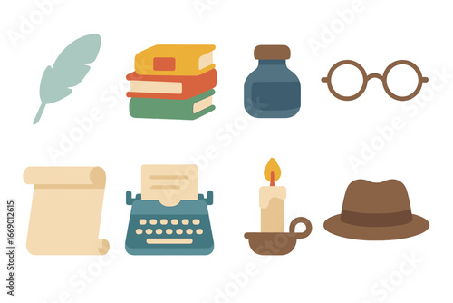 Famous Poets Icons. Flat vector mini-illustrations famous poets in colors children's illustrations: feather quill, old books, ink