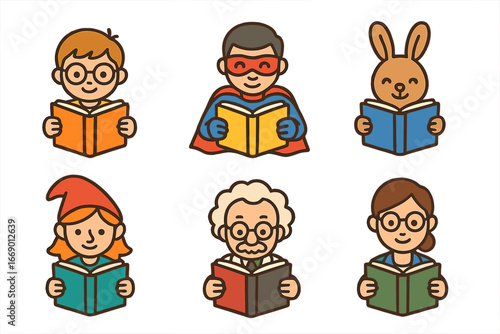 Famous Readers Icons. Flat vector mini-illustrations famous readers in colors children's illustrations: child with glasses,