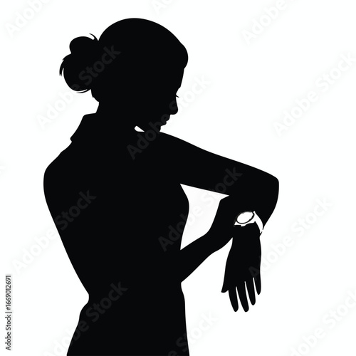 Elegant businesswoman checking time on her wrist, anticipating a meeting or deadline, ready for success in the corporate world