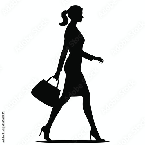 Elegant businesswoman confidently strides forward with a handbag, embodying professional ambition and success in a dynamic silhouette.