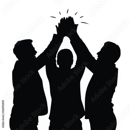 Successful team celebrates victory, high-fiving with joyful energy and achieving goals together in unison