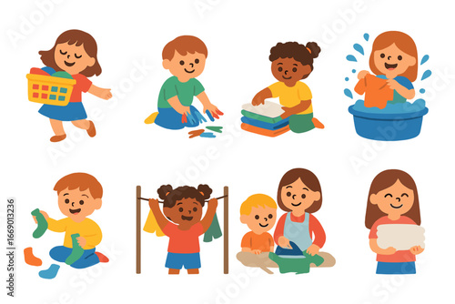 Fun Laundry Activities. Flat vector mini-illustrations laundry day fun activities in colors children's illustrations: dancing with