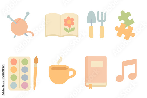 Gentle Hobbies Icons. Flat vector mini-illustrations gentle hobbies in colors children's illustrations: knitting yarn, coloring