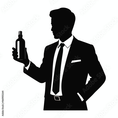 Elegant businessman presenting a modern product bottle, perfect for advertising and marketing campaigns, showcasing sophistication