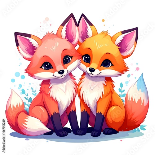 Two adorable foxes sitting close together