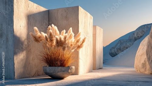 Beige blocks, pampas grass in stone pot, desert scene