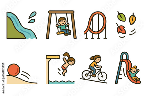 Gravity in Daily Life. Flat vector mini-illustrations gravity effects in daily life in colors children's illustrations: water