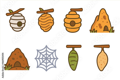 Insect Habitats Icons. Flat vector mini-illustrations insects nests in colors children's illustrations: wasp nest, hornet nest,