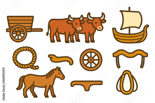 Iron Age Transport Icons. Flat vector mini-illustrations Iron Age transportation in colors children's illustrations: wooden cart,