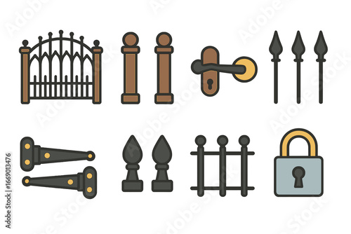 Iron Gate Icons. Flat vector mini-illustrations iron gates and fences in colors children's illustrations: wrought iron gate, fence