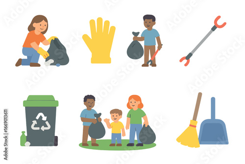 Kids' Cleanup Icons. Flat vector mini-illustrations trash cleanup in colors children's illustrations: people picking trash, gloves
