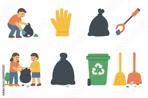 Kids' Cleanup Icons. Flat vector mini-illustrations trash cleanup in colors children's illustrations: people picking trash, gloves