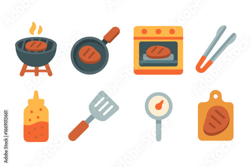 Kids' Cooking Icons. Flat vector mini-illustrations cooking meat in colors children's illustrations: grill, frying pan, oven,