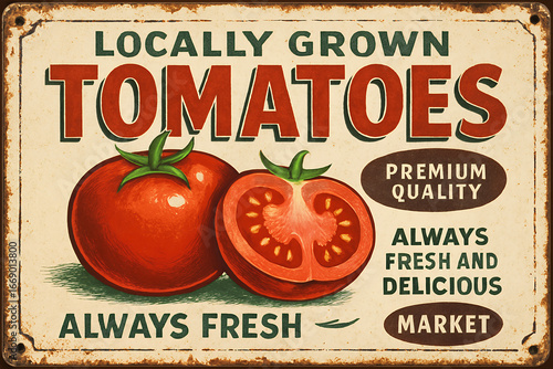 Illustrated tomatoes on retro-style market sign, rustic background. Promotes fresh, locally grown premium produce. Vintage tin sign, emblem badge patch with retro design and distressed look