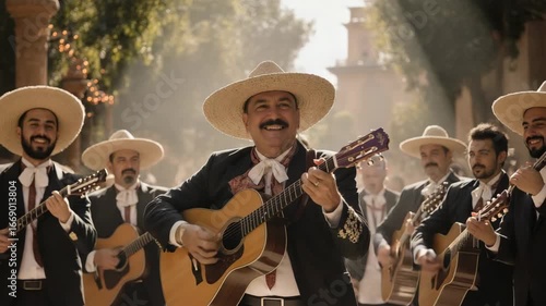 Smiling mariachi musician plays guitar with ensemble outdoors in warm light
