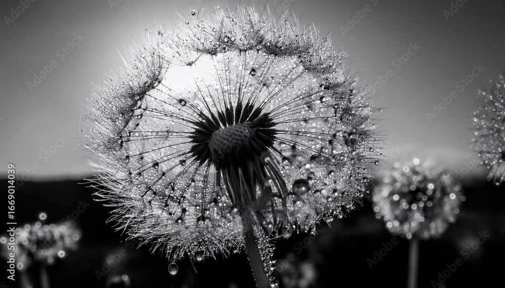 monochrome image depicting dandelions dandelion macro shot with water drops monochrome image depicting dandelions dandelion macro shot with water drops