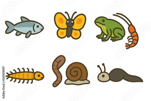 Kingfisher's Colorful Diet. Flat vector mini-illustrations kingfisher diet in colors children's illustrations: small fish, insects