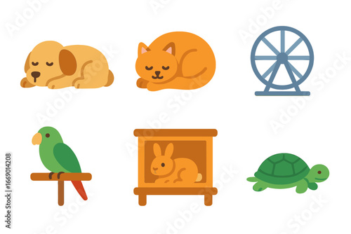 Lazy Day Pets. Flat vector mini-illustrations lazy day pets in colors children's illustrations: sleeping dog, curled up cat, fish