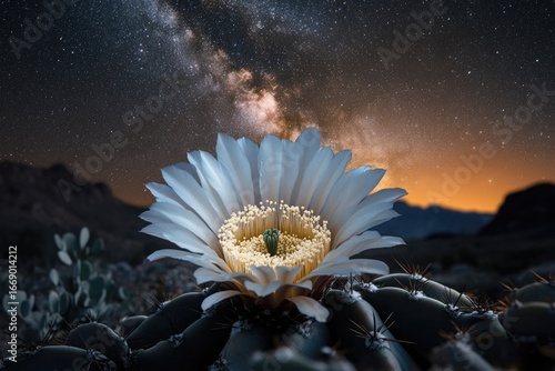 A large white cactus flower blooms majestically under a breathtaking starry night sky, creating a desert fantasy.