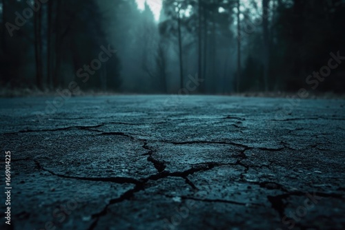 A cracked and damp road leads into a foggy, mysterious forest, creating a dark, atmospheric scene.
